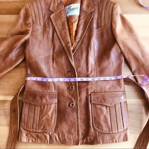 Vintage 70s Belted Leather Jacket Caramel Brown Leather Cognac Tailored Medium - Picture 11 of 16